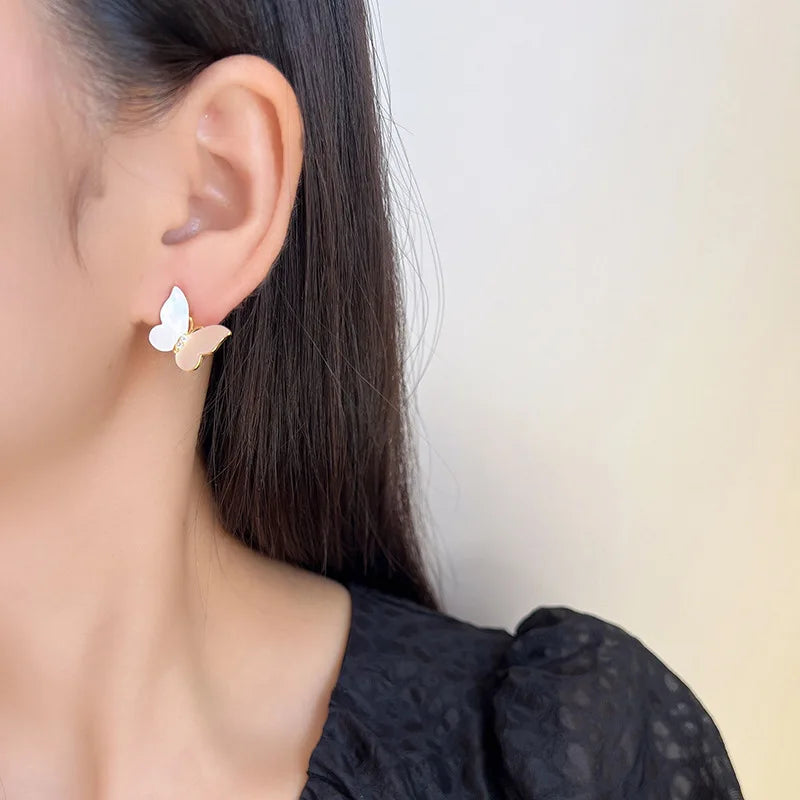 Elegant Natural Shell Butterfly Zircon Stud & Clip On No Piercing Light Luxury Women's Earrings