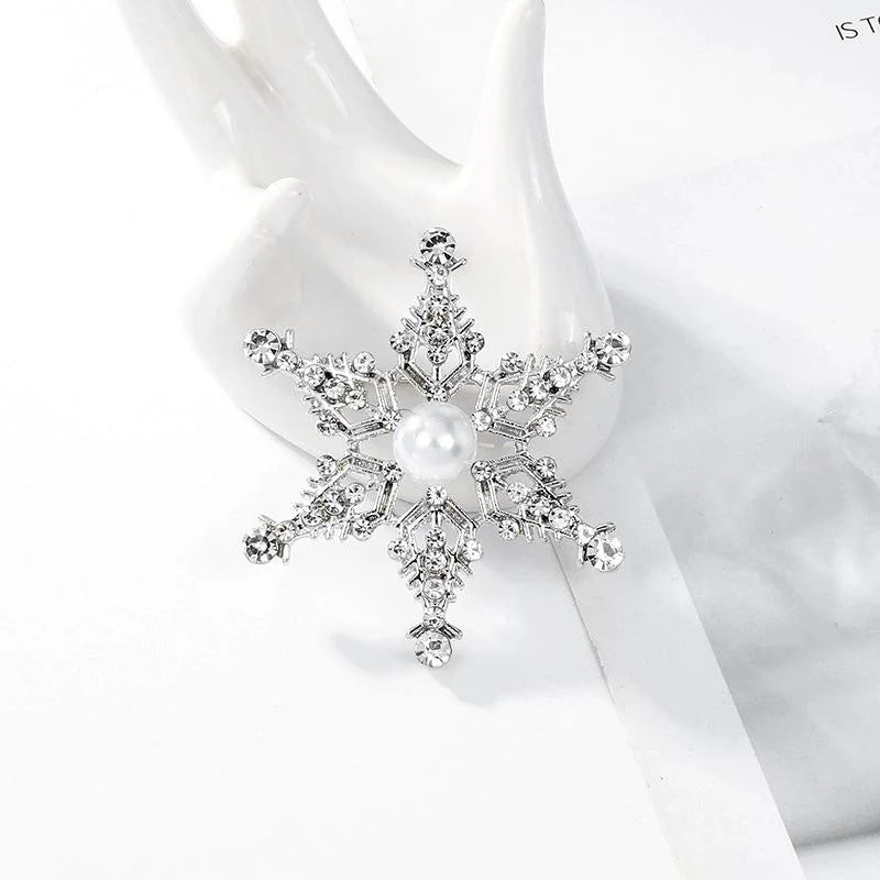 Elegant Alloy Rhinestone Snowflake Star Brooch With Faux Pearl Center, Luxury Lapel Pin Corsage Gift