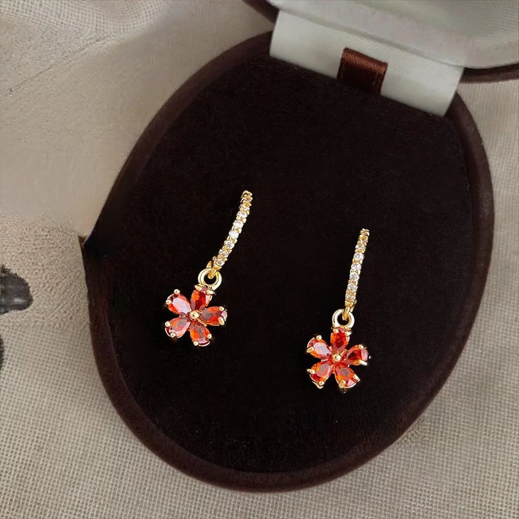Light Luxury Micro Pave Garnet Red Zircon Plum Blossom Copper Drop Earrings For Women