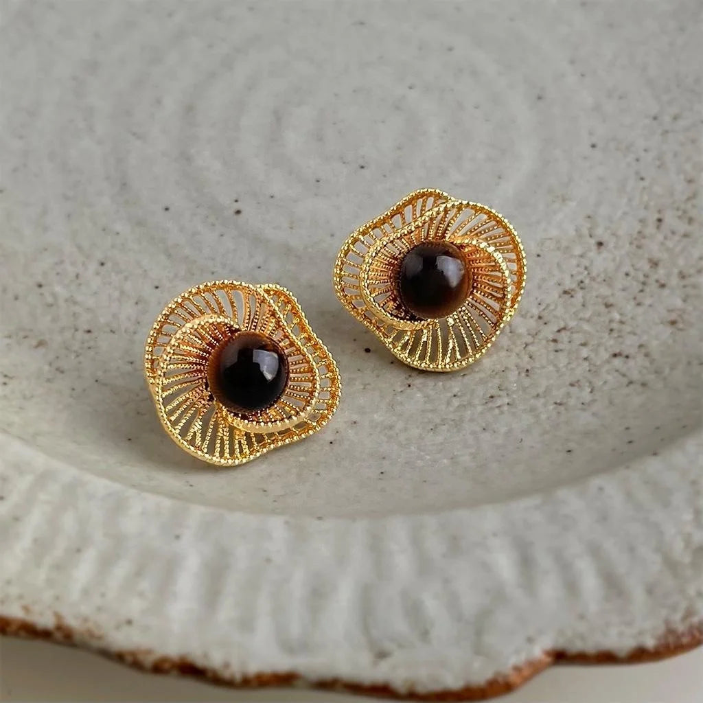 Maillard Style Vintage Tiger Eye Stone Geometric Hollow Flower Drop Earrings