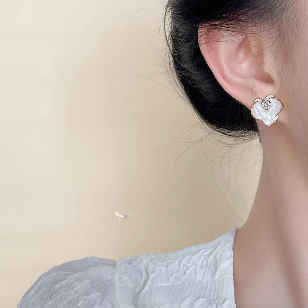 New Chinese Pink Gradient Drip Glaze Enamel Orchid Stud Earrings With Zircon Floral Petal Design