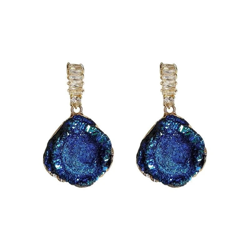 Klein Blue Faceted Crystal Geometric Drop Earrings Irregular Drip Glaze Copper Jewelry