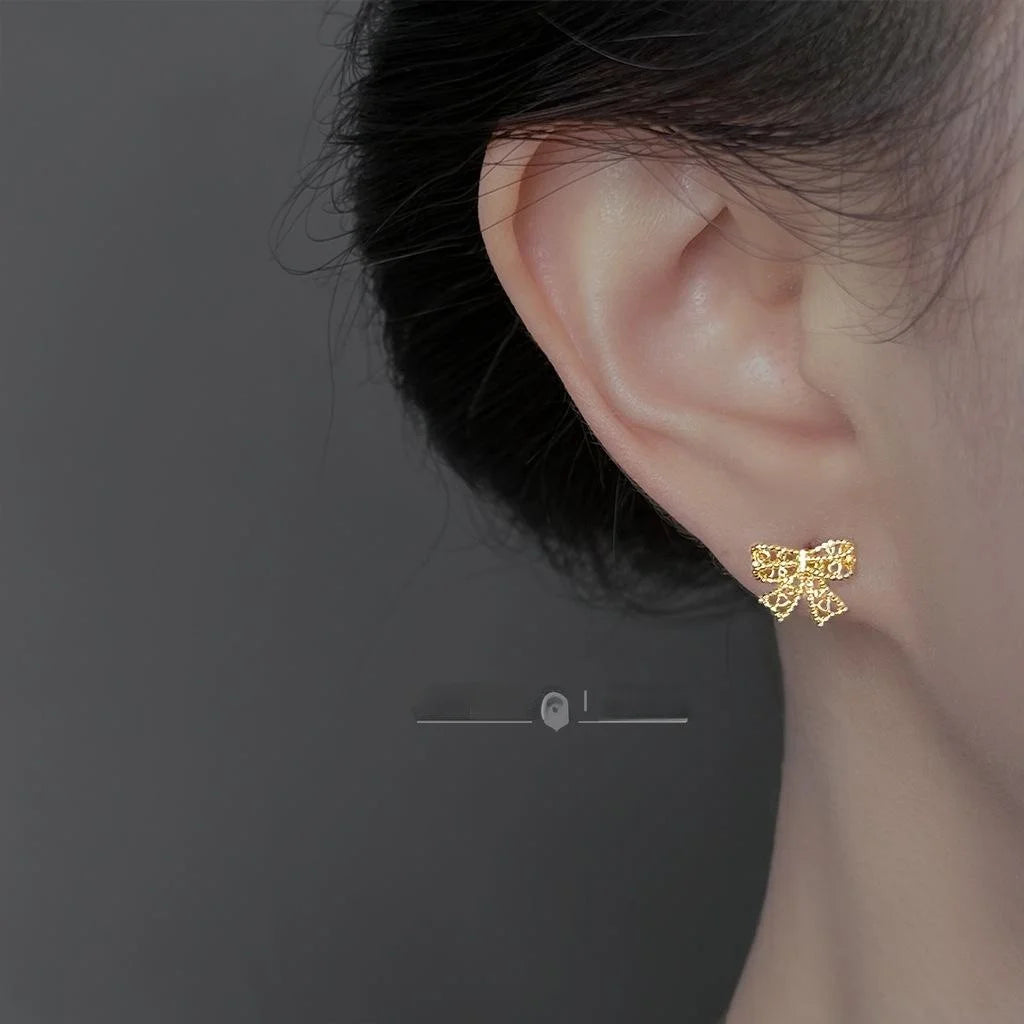 14K Gold Plated Copper Mini Hollow Bow Stud Earrings For Women