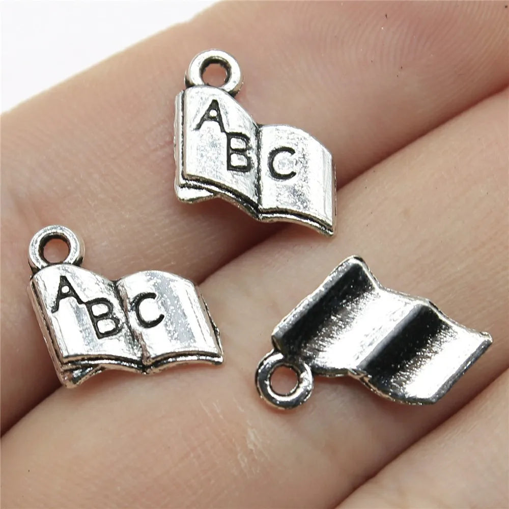 11x11mm 0.6g Antique Silver Zinc Alloy ABC Textbook Charm Pendant for DIY School Theme Jewelry Making