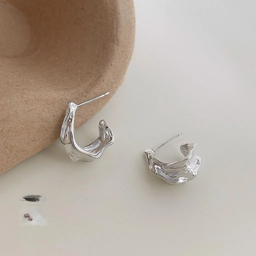 Minimalist Silver Plated Copper Irregular Geometric Wrinkle Drop Earrings For Women