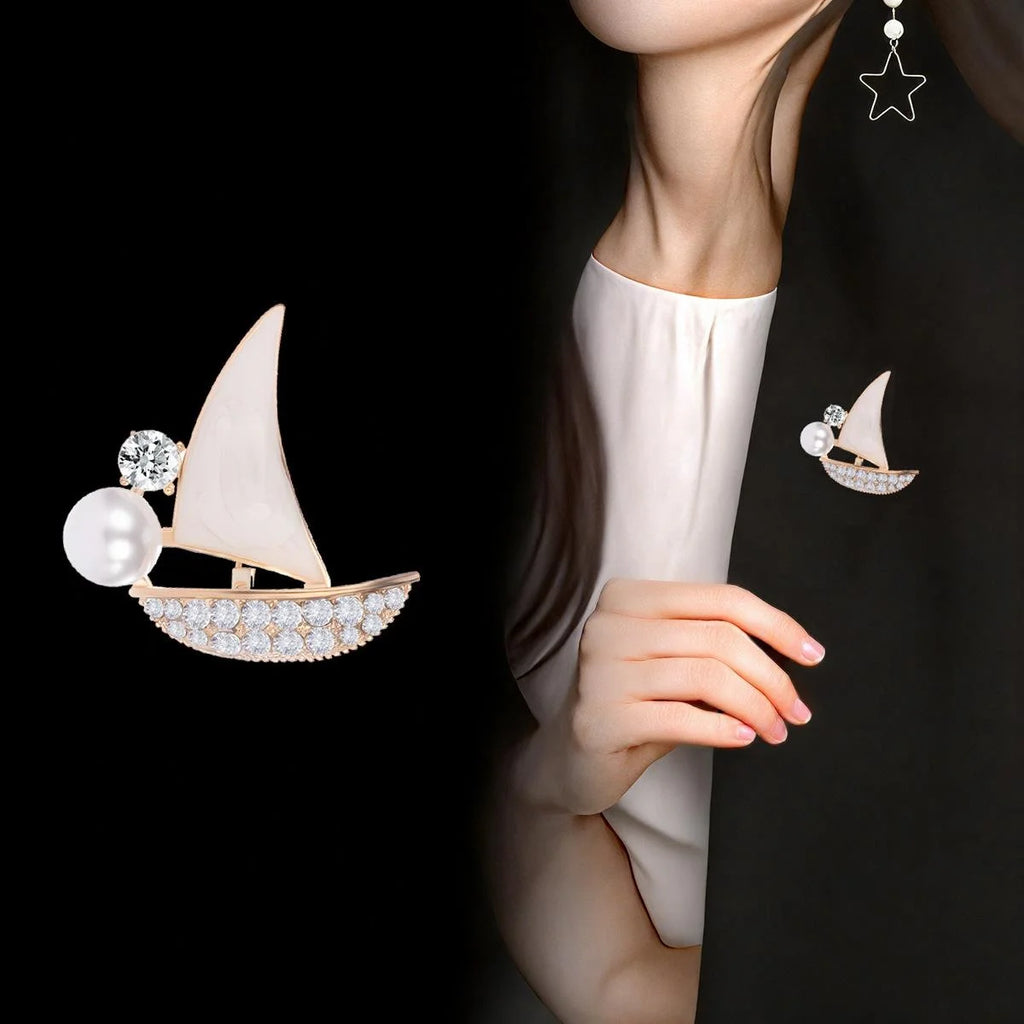 Elegant Nautical Enamel Sailboat Brooch With Rhinestones And Pearl, Alloy Lapel Pin Suit Accessory Gift