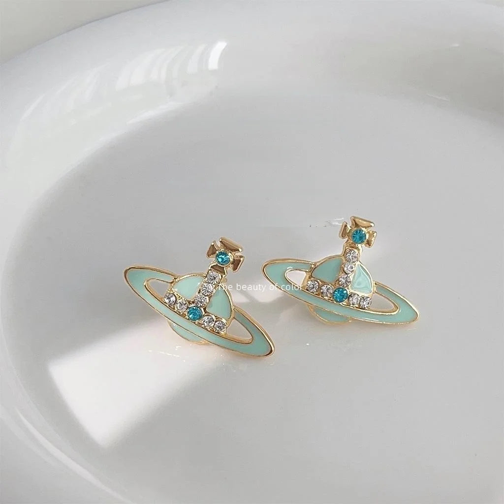 Mint Green Saturn Planet Stud Earrings Copper Drip Glaze Rhinestone Sweet Cool Jewelry