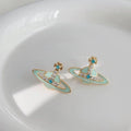 Mint Green Saturn Planet Stud Earrings Copper Drip Glaze Rhinestone Sweet Cool Jewelry