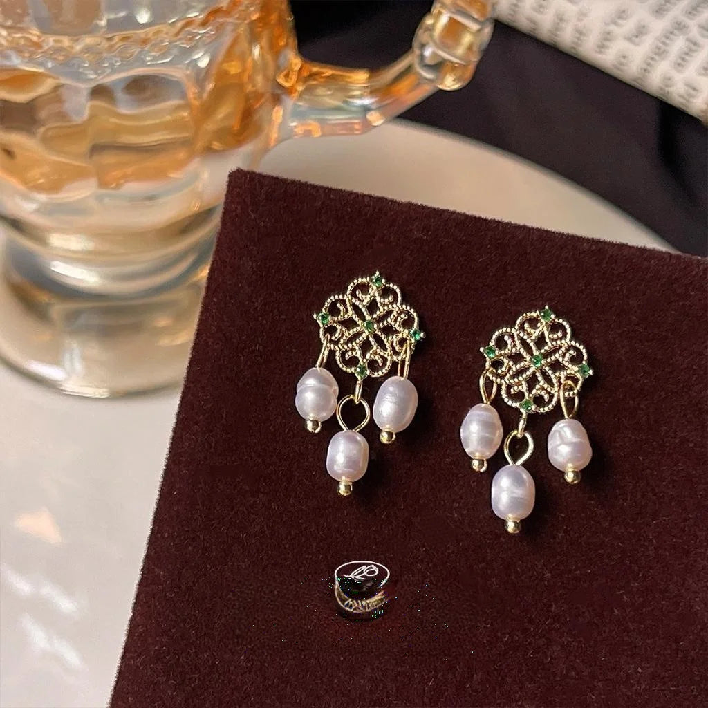 French Vintage Freshwater Pearl Zircon 14K Gold Plated Copper Hollow Lace Dreamcatcher Stud Earrings