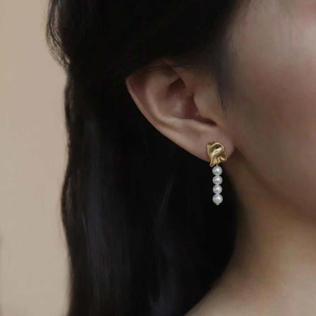 Handmade Baroque Freshwater Pearl Stud Earrings Asymmetrical Geometric Silver Plated Copper French Style