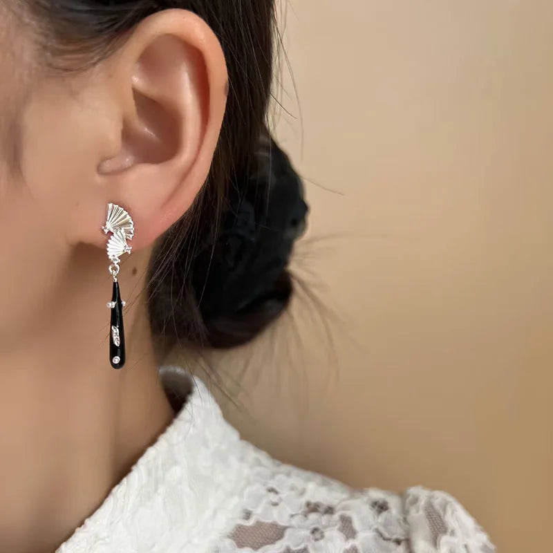 Vintage Chinese Fan Alloy Enamel Long Tassel Pearl Stud & Clip On No Piercing Qipao Earrings