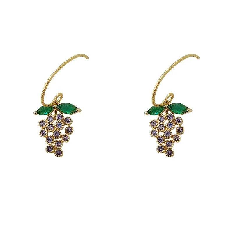 14K Gold Plated Copper Micro Pave Zircon Grape Drop Earrings Cute Korean Forest Style Jewelry