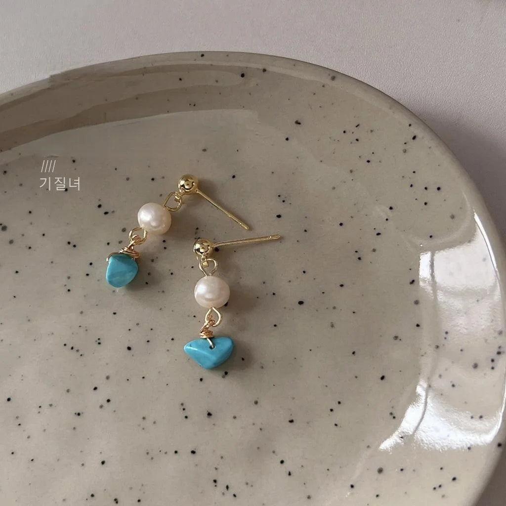 Handmade Freshwater Pearl Synthetic Turquoise Geometric Drop Earrings With 14K Plated