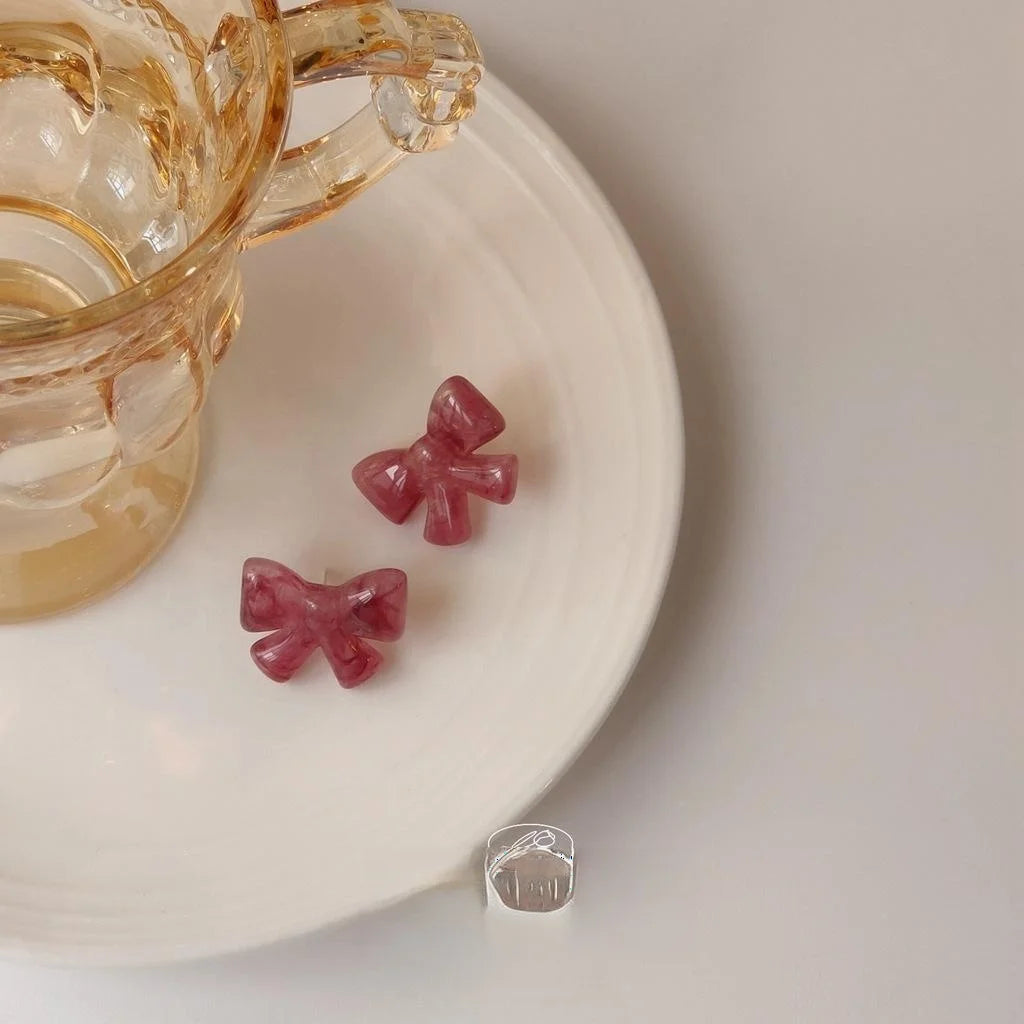 Fresh Sweet Resin Bow Stud Earrings With Silver Plated Pins Korean Japanese Cute Jewelry