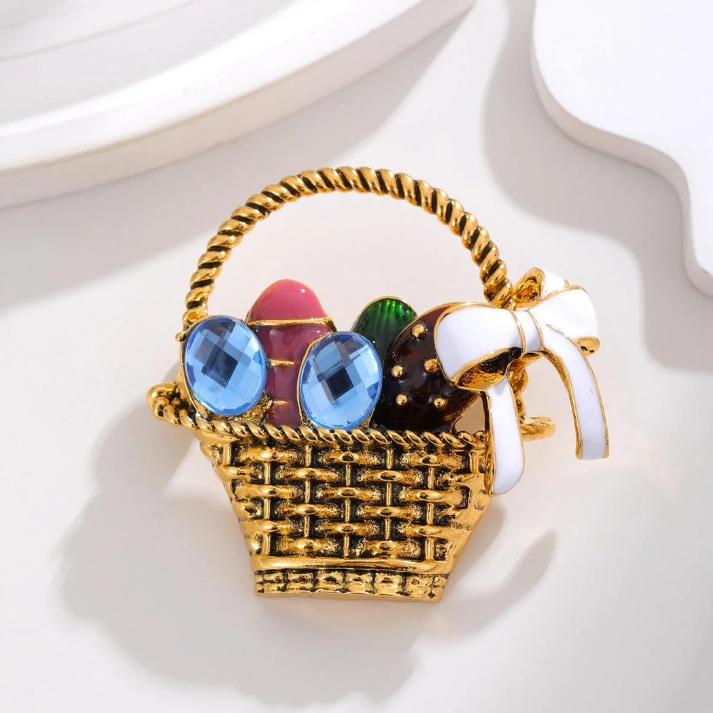Vintage Flower Basket Brooch With White Enamel Bow And Blue Rhinestones, Cute Alloy Lapel Pin Gift