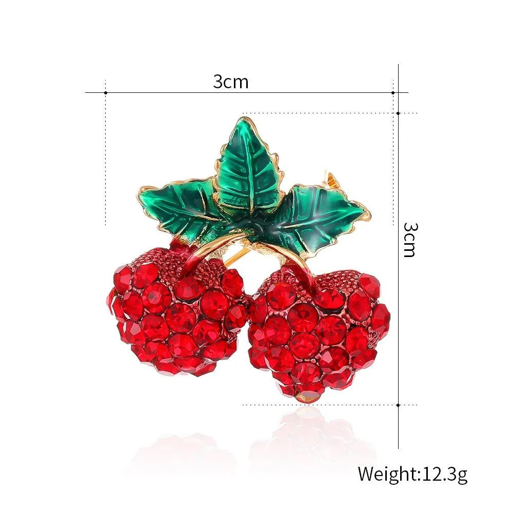 Cute Red Raspberry Cherry Brooch With Rhinestone Berries And Green Enamel Leaves, Alloy Lapel Pin Gift