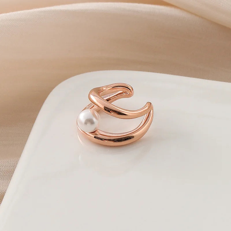 Elegant Pearl Double Hoop Ear Cuff Alloy Metal Lines Stud & Clip On No Piercing Women's Earrings