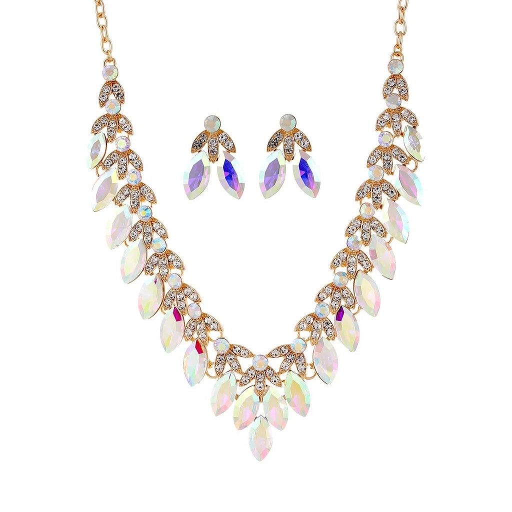Luxury Vintage Emerald Green Crystal Rhinestone Necklace And Earrings Jewelry Set For Women Wedding Party Gift