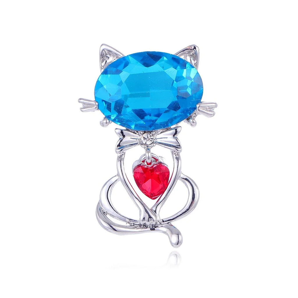 Cute Purple Glass Cat Brooch With Rhinestone Heart, Silver Alloy Lapel Pin Corsage For Dress Hat Gift
