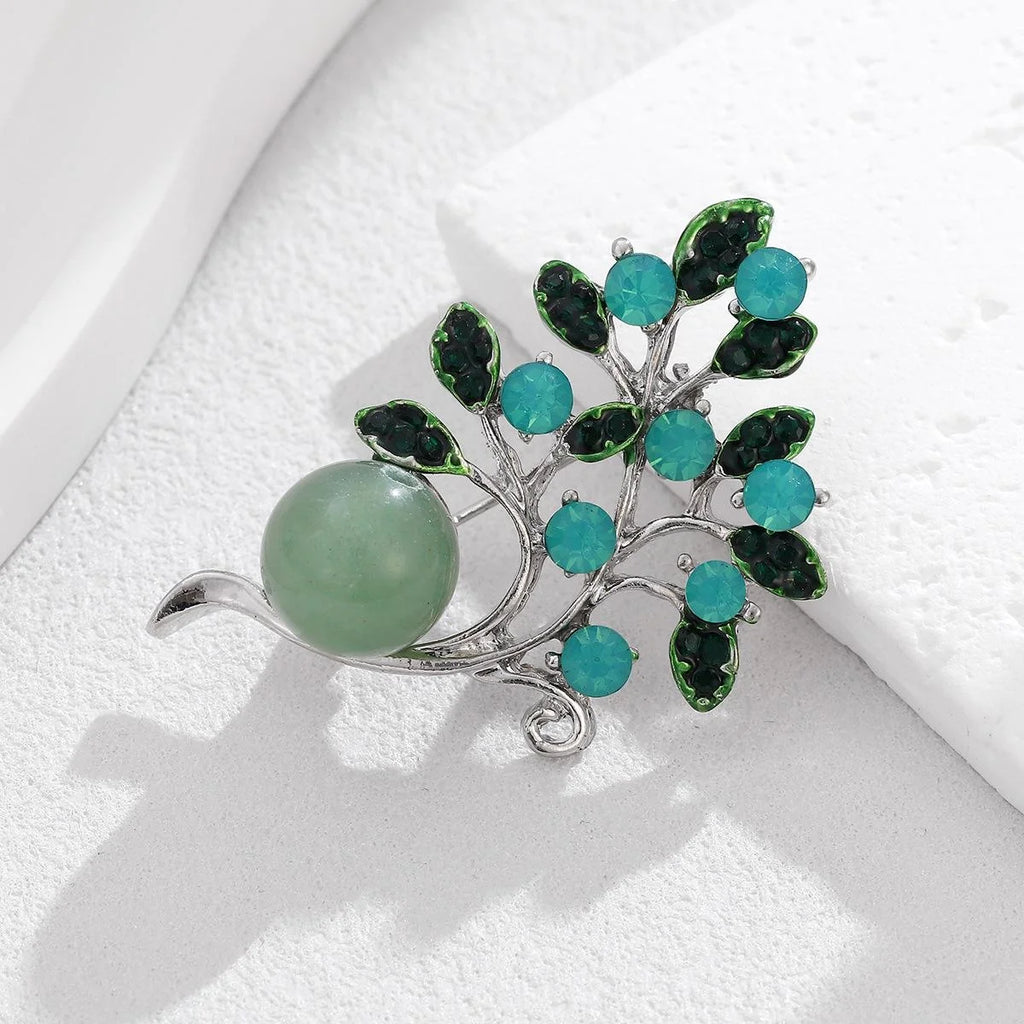 Elegant Tree Leaf Brooch With Turquoise Rhinestones And Faux Pearl, Women's Lapel Pin Suit Accessory Gift