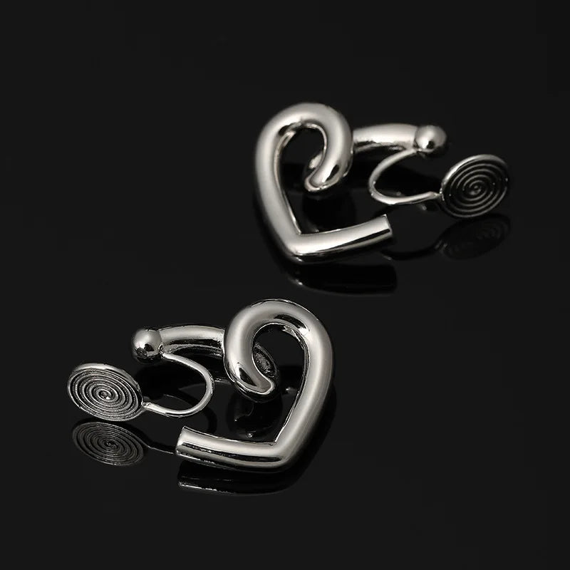 Silver Tone Alloy Open Heart Spiral Stud & Clip On No Piercing Minimalist Ear Cuff Fashion Earrings