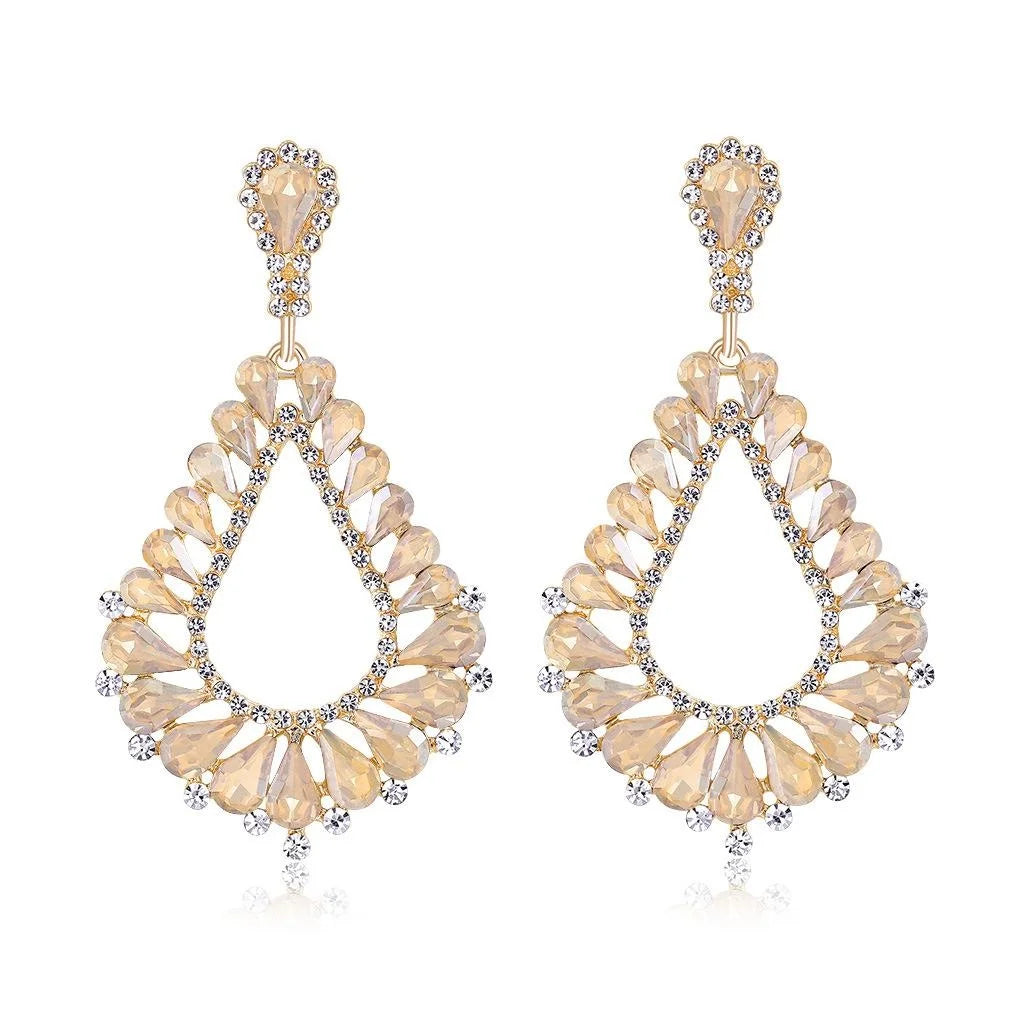 Vintage Bohemian Green Glass Crystal Rhinestone Teardrop Alloy Chandelier Earrings For Wedding Party