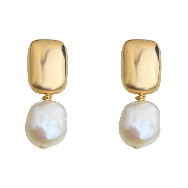 14K Gold Plated Copper Baroque Freshwater Pearl Irregular Geometric French Vintage Drop Earrings