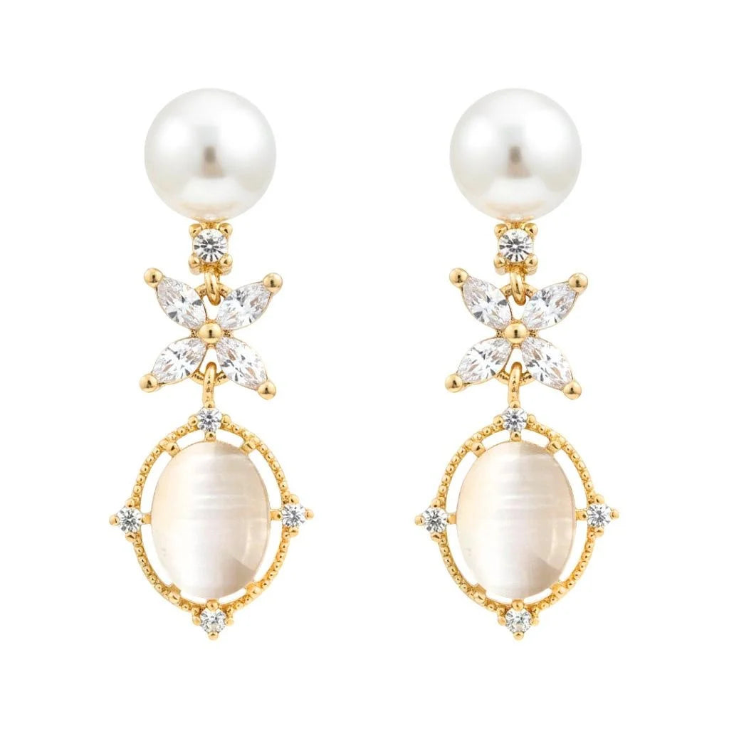 Geometric Glass Cat Eye Stone Zircon Micro Pave Long Drop Earrings