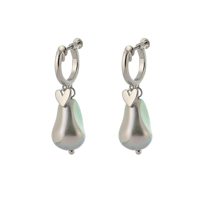 Elegant Grey Faux Baroque Pearl Heart Dangle Stud & Clip On No Piercing Alloy Hoop Earrings