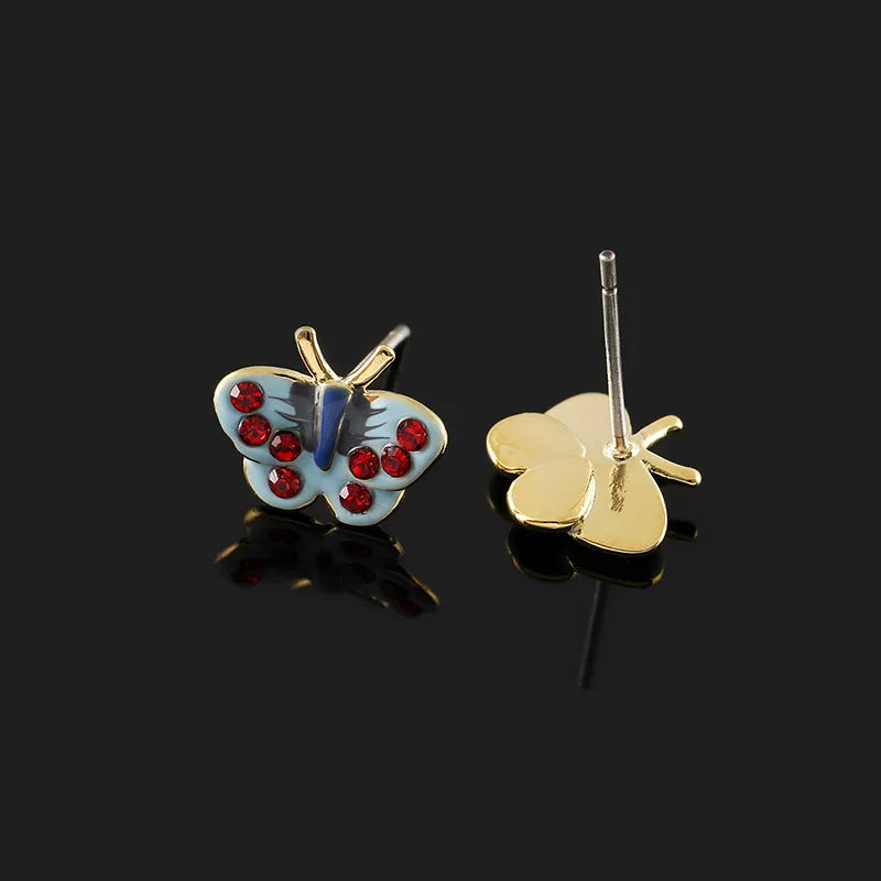 Vintage Blue Enamel Butterfly Rhinestone Stud & Clip On No Piercing Coil Back Women's Fashion Earrings