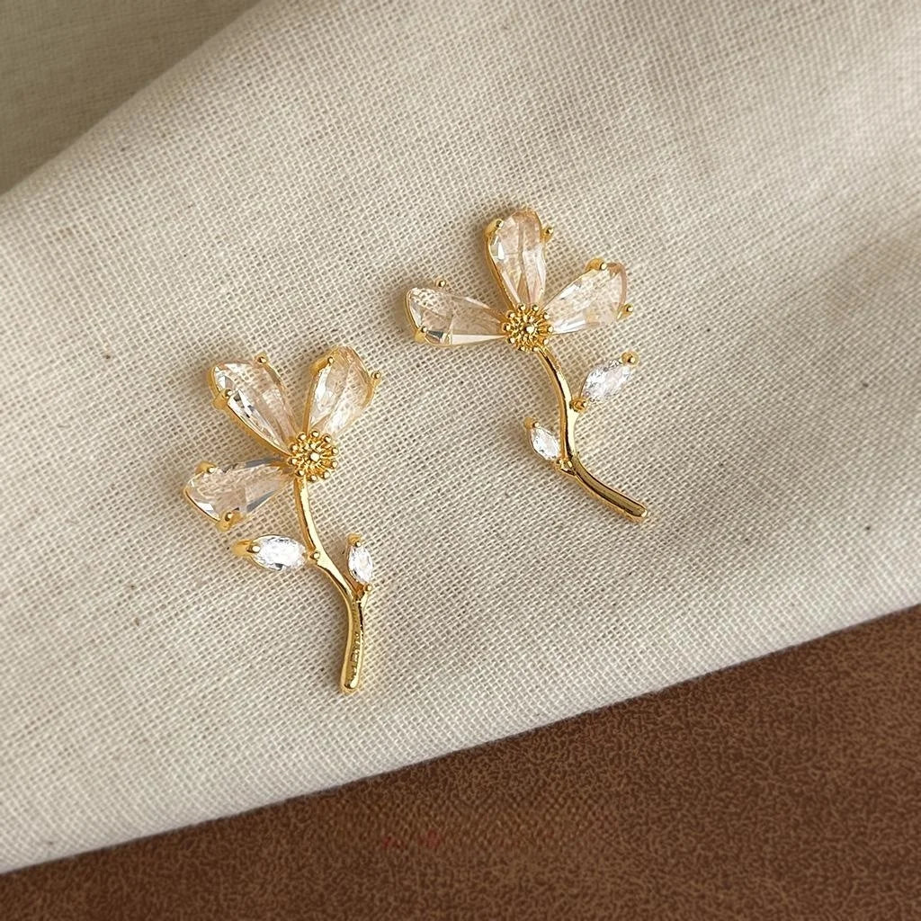 Sweet Floral Zircon Drop Earrings For Women Elegant Fashion Flower Jewelry