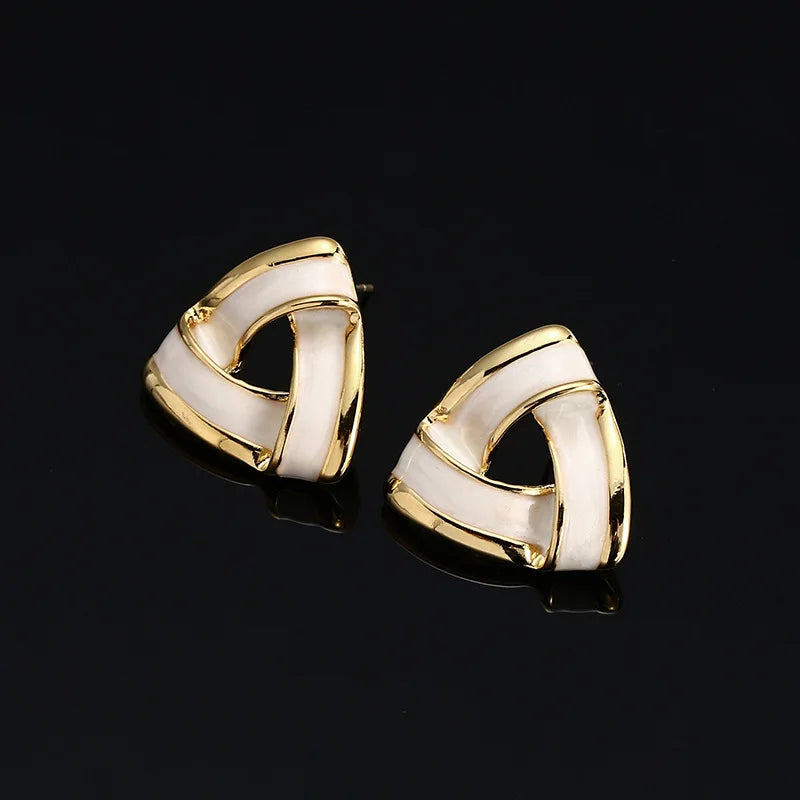 Vintage Geometric Triangle Gold Alloy White Enamel Stud & Clip On No Piercing Statement Earrings