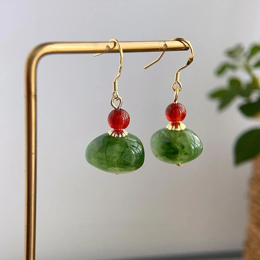Forest Style Irregular Geometric Red Agate Resin Drop Earrings Handmade Design