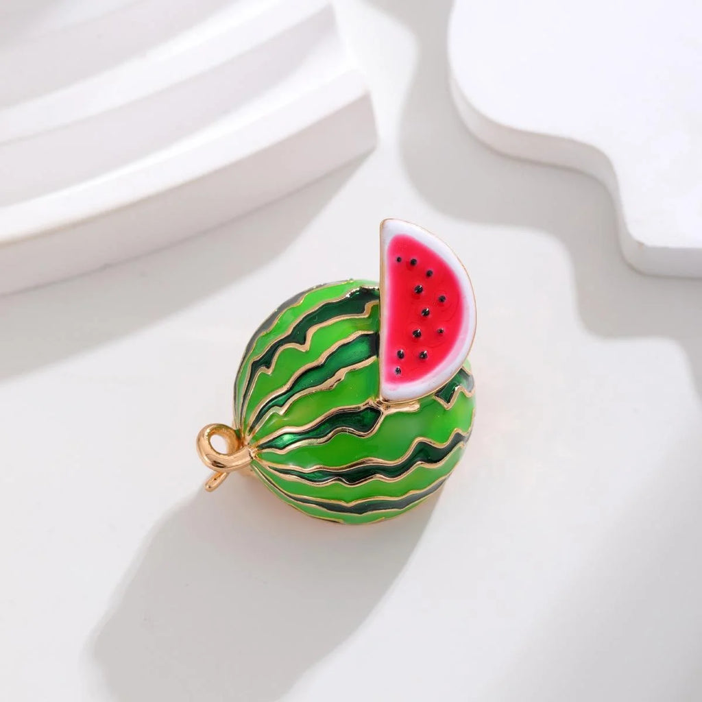 Cute Enamel Alloy Round Watermelon Slice Brooch For Women, Fruit Lapel Pin Corsage Suit Accessory Gift