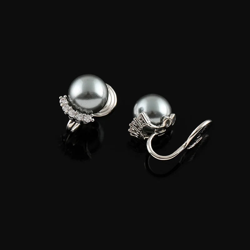 Elegant Luxury Gray Pearl Crescent Zircon Stud & Clip On No Piercing Spiral Ear Cuff Earrings