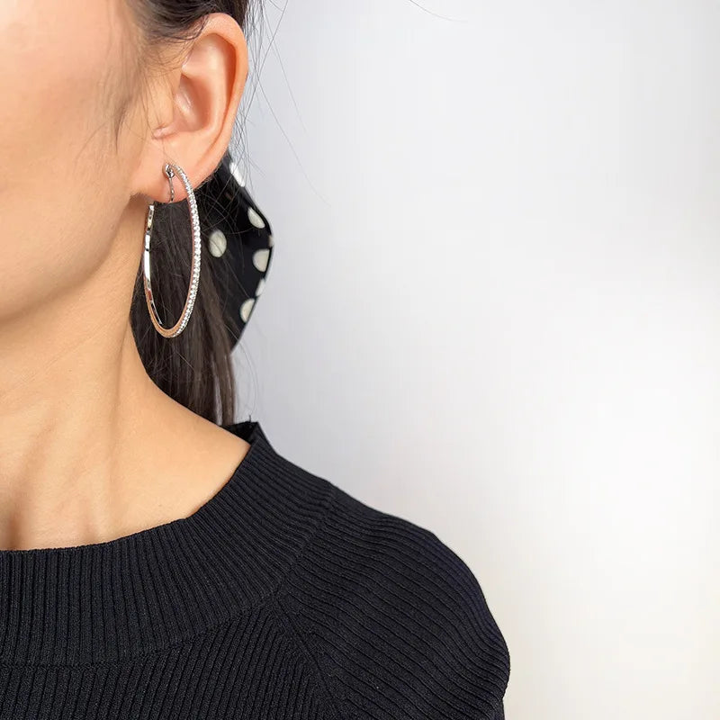 Luxury Rhinestone Big Hoop Spiral Coil Stud & Clip On No Piercing Statement Circle Earrings