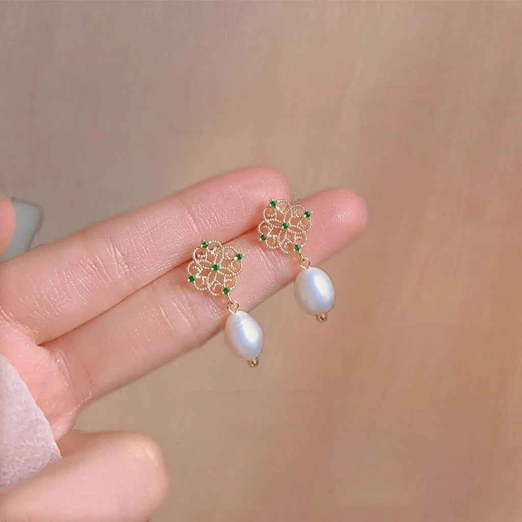 14K Gold Plated Lace Hollow Freshwater Pearl Zircon Stud Earrings French Elegant Jewelry