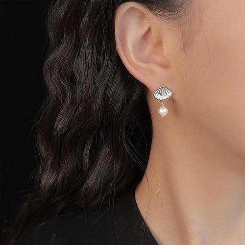 2025 New Style Geometric Shell Freshwater Pearl Zircon Copper Drop Earrings With Silver Plated Pins