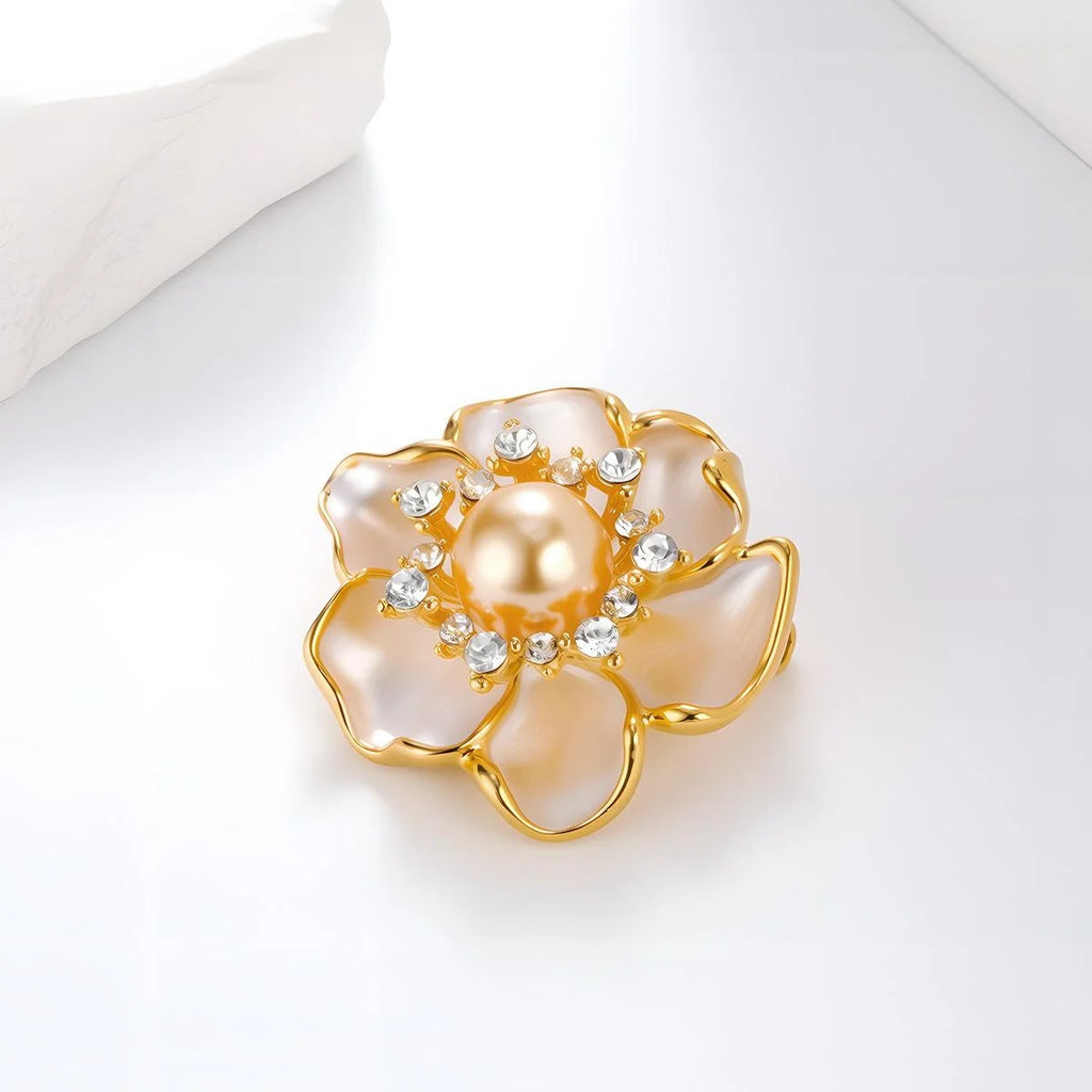 Elegant Camellia Flower Brooch With Pearl Center And Rhinestone Halo, Luxury Lapel Pin Corsage Gift