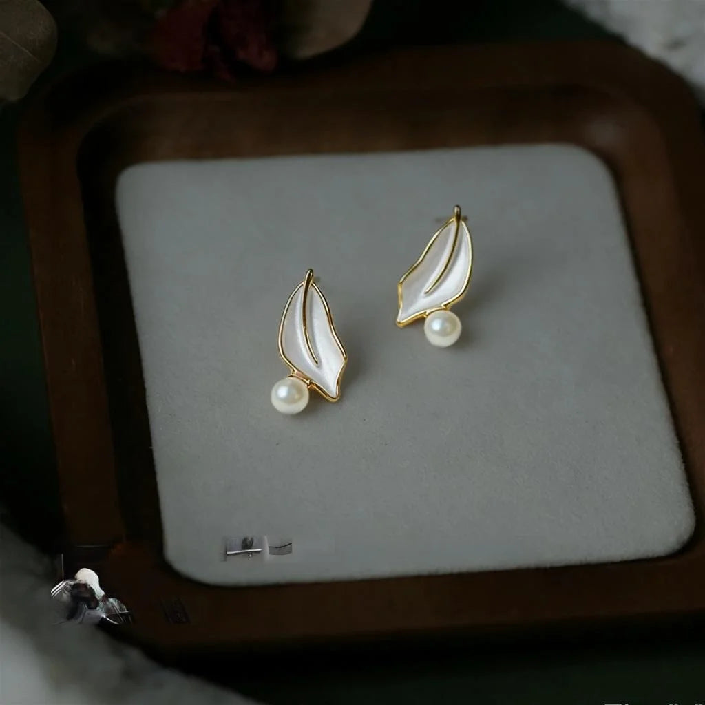 Elegant Forest Style White Leaf Glass Pearl Stud Earrings, Silver Plated Copper