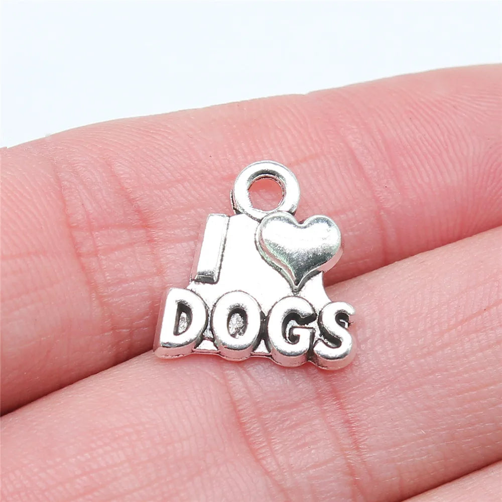 16x16mm 1.7g Zinc Alloy I Love Dog Charm Pendant for DIY Pet Theme Necklace Bracelet Making