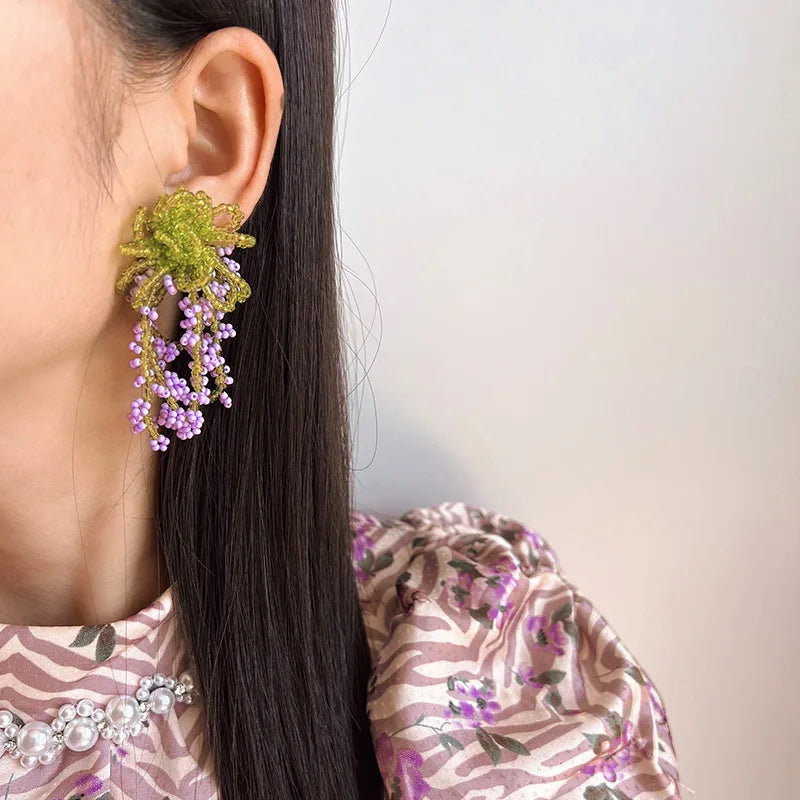 Elegant Beaded Wisteria Flower Tassel Crystal Leaf Stud & Clip On No Piercing Long Drop Earrings