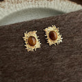 Maillard Style Tiger Eye Natural Stone Geometric Oval Mesh Drop Earrings For Women