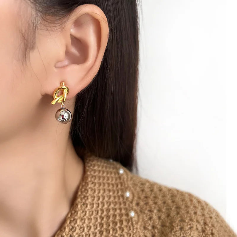 Elegant Contrast Two Tone Alloy Geometric Knot Ball Drop Stud & Clip On No Piercing Metal Dangle Earrings