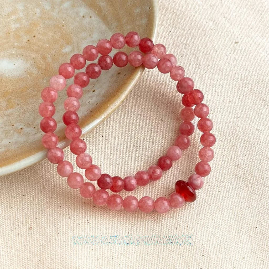 Handmade Sweet New Chinese Style Natural Agate Sunstone Layered Bracelet With Geometric Round Charm