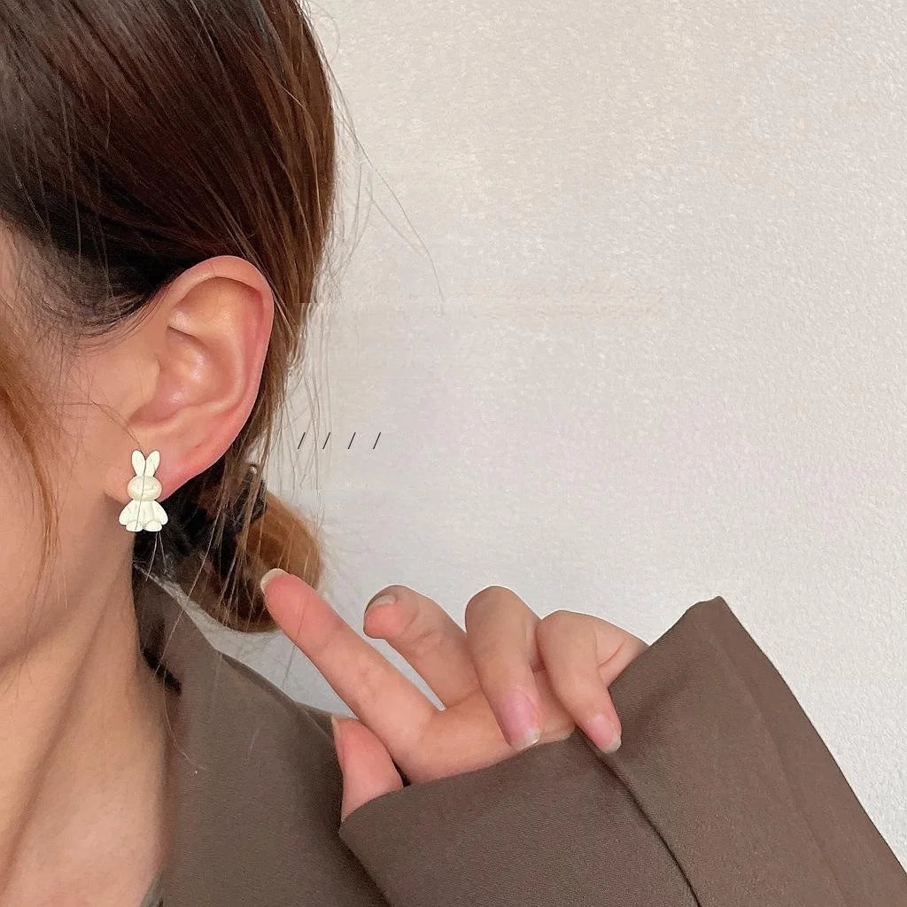 Cute Alloy Enamel Rabbit Carrot Asymmetric Stud Earrings For Women Korean Style