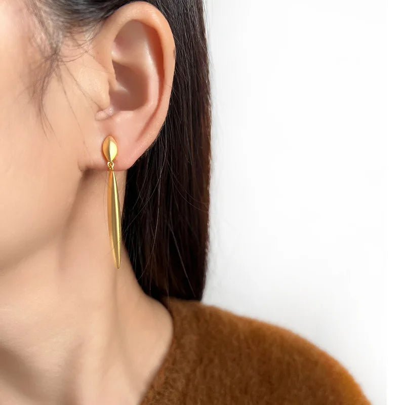 Elegant Minimalist Matte Gold Alloy Long Teardrop Line Dangle Stud & Clip On No Piercing Earrings