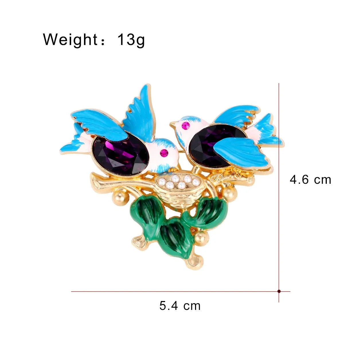 Elegant Enamel Love Birds Nest Brooch With Rhinestone Eyes, Gold Tone Alloy Lapel Pin Suit Accessory
