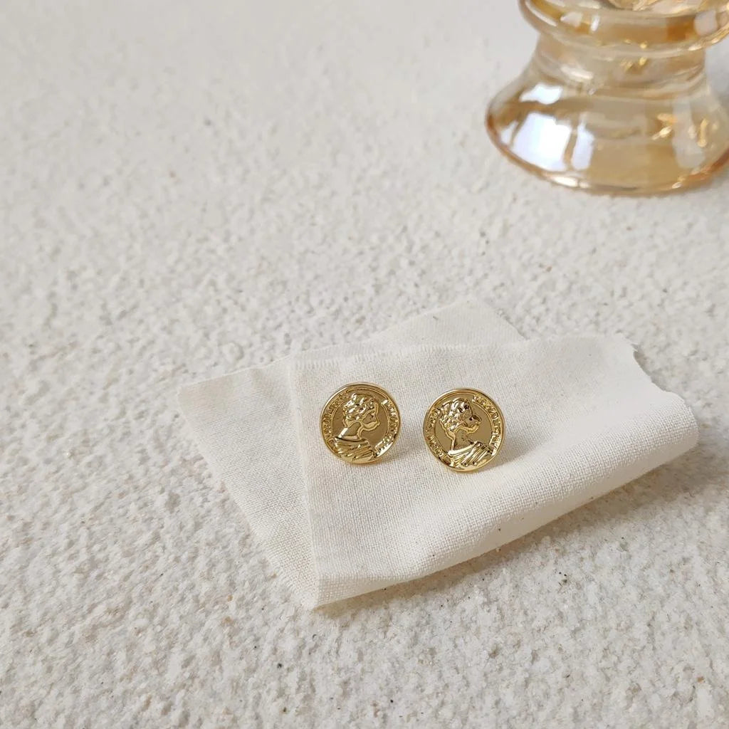 14K Gold Plated Copper Portrait Stud Earrings Korean Minimalist Irregular Style