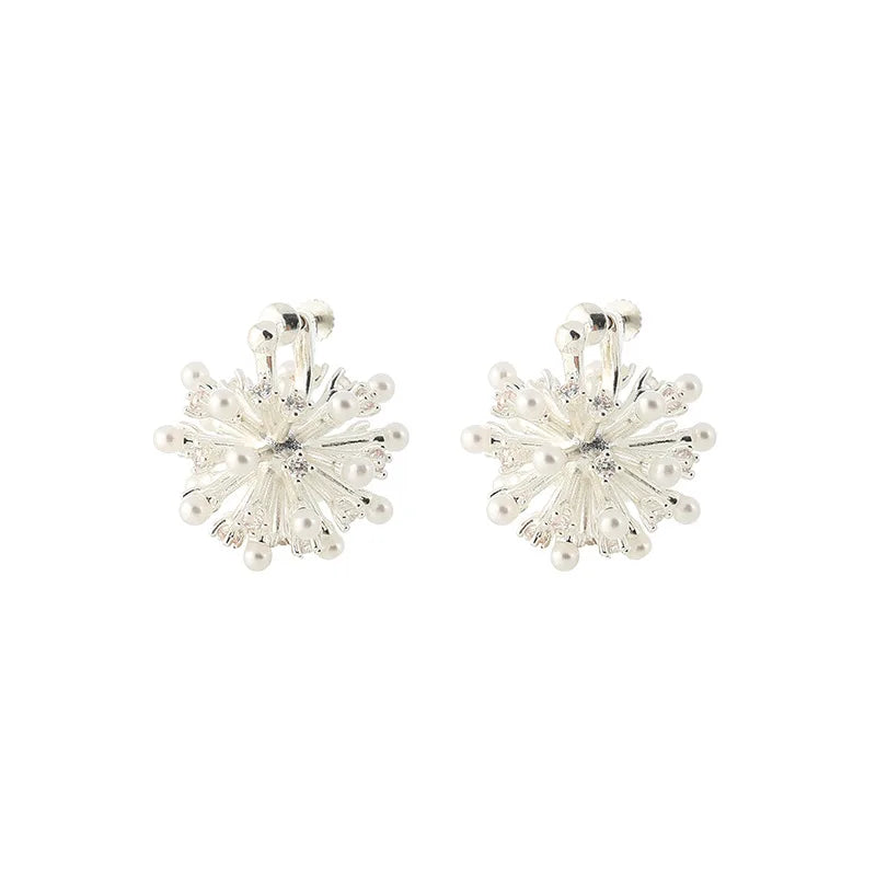 Elegant Silver Alloy Zircon Pearl Firework Stud & Clip On No Piercing Metal Ball Burst Earrings